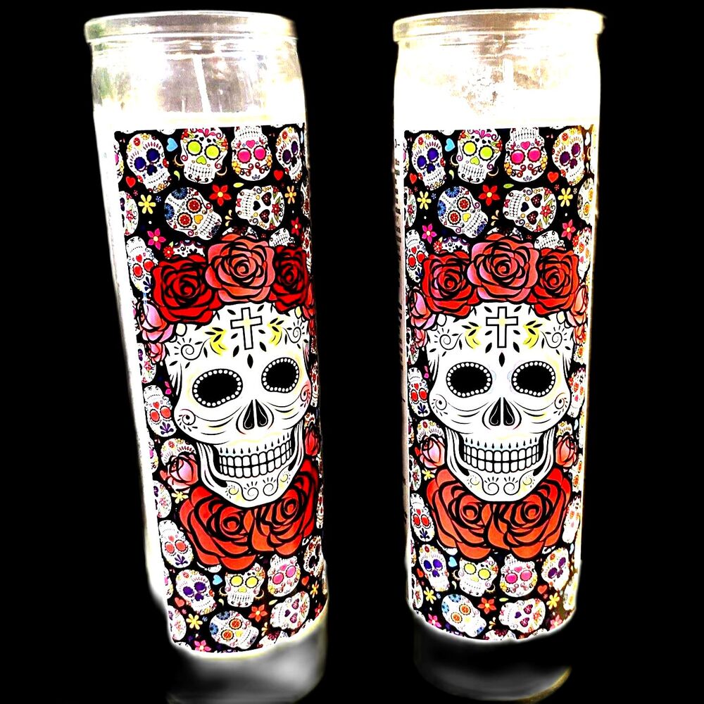 Set of 2 Day of The Dead Sugar Skulls 8-inch Unscented Candles -NEW